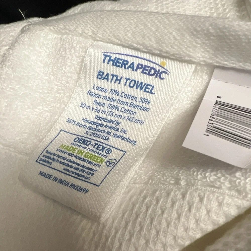 Therapedic White Bath Towel Cotton/Rayon Bamboo 30 x 56 Set of 3 Super Soft